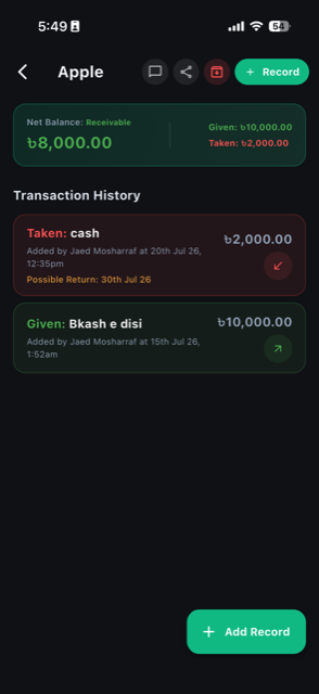 Lend and Borrow detail screen with colour-coded transaction history