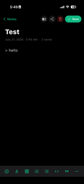 Note editor screen with a rich-text formatting toolbar
