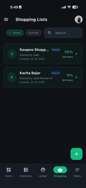 Shopping Lists screen showing shared lists with completion progress