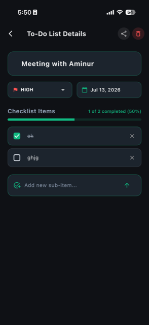 To-Do list detail screen with a checklist progress bar